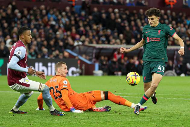 Mandatory Credit: Photo by Paul Currie Shutterstock (13673490bl) Stefan Bajcetic of Liverpool on his way to scoring the 3rd goal Aston Villa v Liverpool, Premier League, Football, Villa Park, Birmingham, UK - 26 Dec 2022 EDITORIAL USE ONLY No use with unauthorised audio, video, data, fixture lists, club league logos or live services. Online in-match use limited to 120 images, no video emulation. No use in betting, games or single club league player publications. Aston Villa v Liverpool, Premier League, Football, Villa Park, Birmingham, UK - 26 Dec 2022 EDITORIAL USE ONLY No use with unauthorised audio, video, data, fixture lists, club league logos or live services. Online in-match use limited to 120 images, no video emulation. No use in betting, games or single club league player publications.  Copyright: xPaulxCurrie Shutterstockx 13673490bl