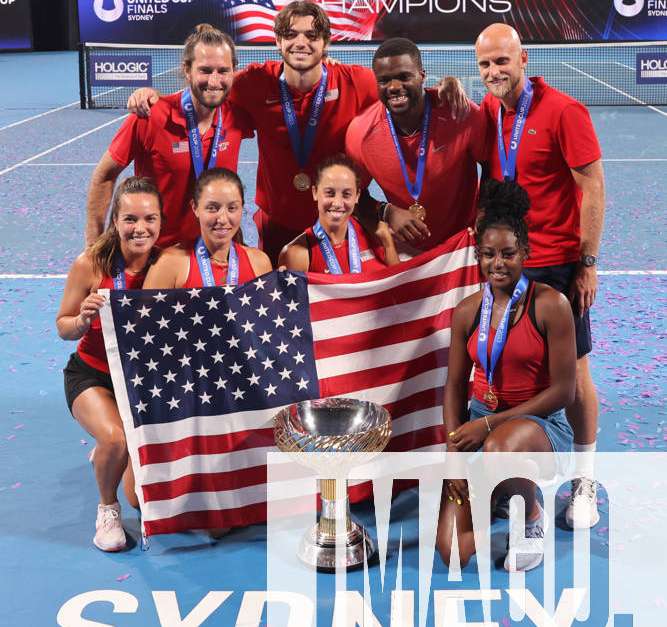 TENNIS UNITED CUP FINAL, Team USA pose with the Trophy after defeating ...