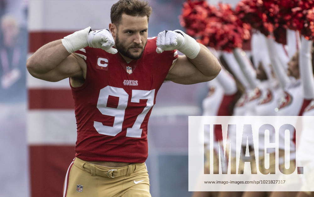 San Francisco 49ers defensive end Nick Bosa (97) flexes during  introductions before playing the Ariz