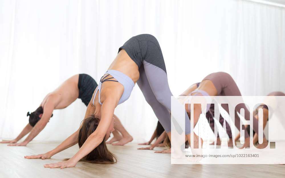 Group of young sporty sexy women in yoga studio, practicing yoga lesson  with instructor, forming a