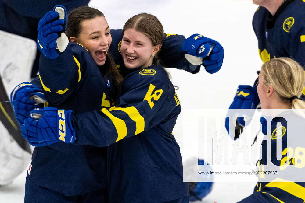 230114 Stella Lindell and Stina Andersson of Sweden celebrate after the