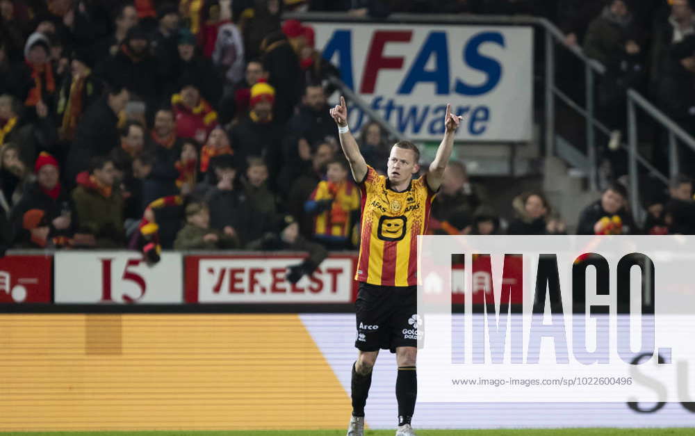 Mechelen s Nikola Storm celebrates after scoring during a soccer match ...