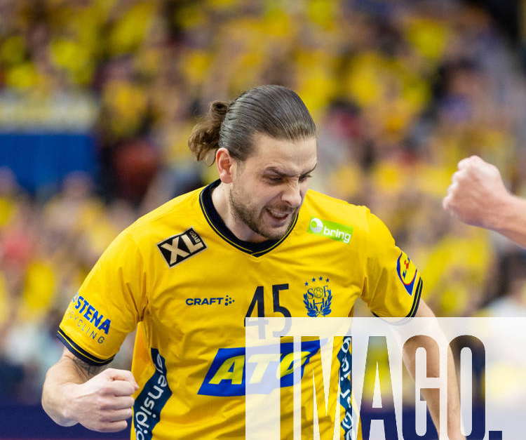 230122 Olle Forsell Schefvert of Sweden celebrates during the 2023 IHF ...