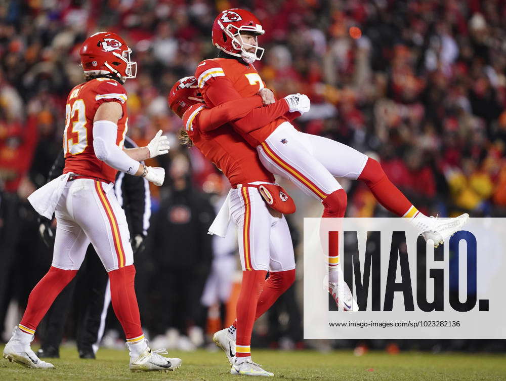 Kansas City Chiefs kicker Harrison Butler (R) celebrates kicking a