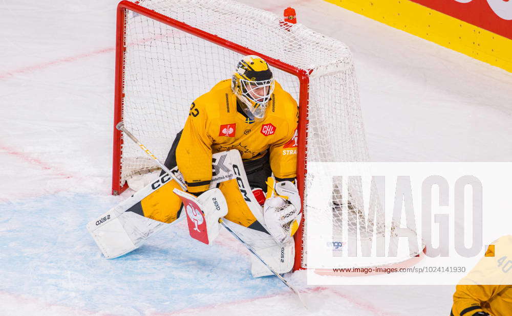 Skelleftea AIK goalkeeper 32 Linus Söderström is focused intently on the  action during the