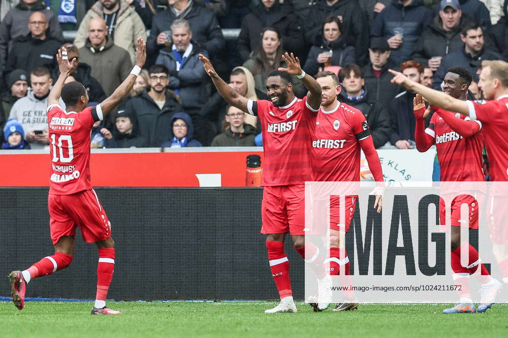 Antwerp s Gyrano Kerk celebrates after scoring during a soccer match ...