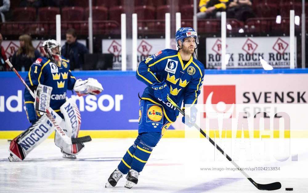 230212 Oscar Lindberg of Sweden ahead of the Beijer Hockey Games final ...