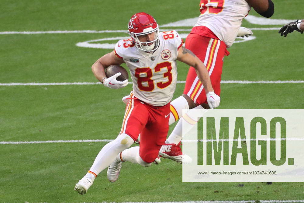 PHOENIX, AZ - FEBRUARY 12: Kansas City Chiefs tight end Noah Gray (83)  makes a catch during