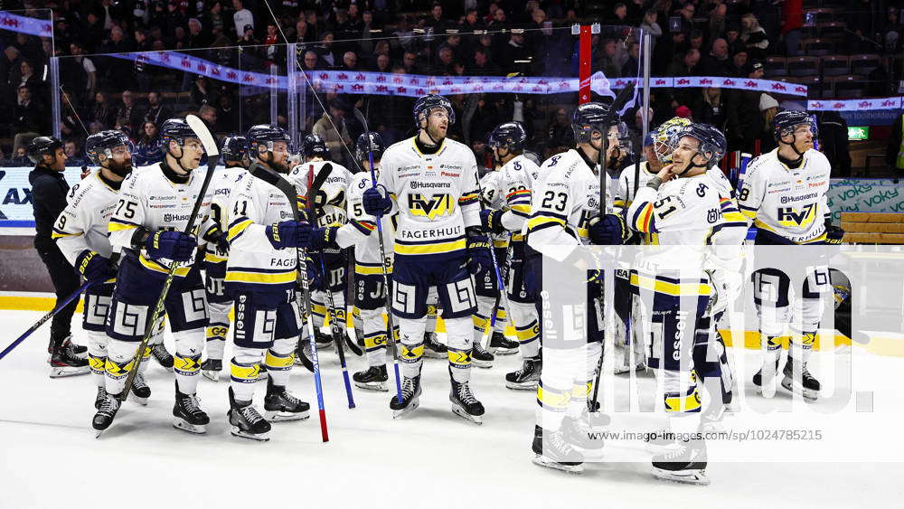 230225 HV71s players cheer during the ice hockey match in the SHL ...