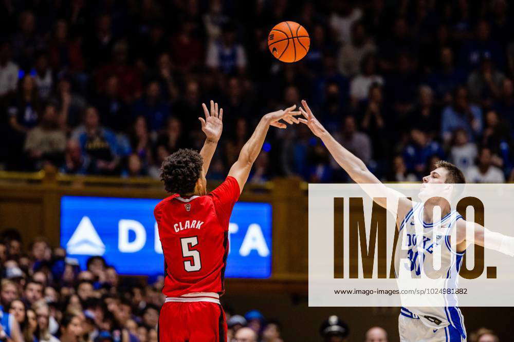 February 28, 2023: North Carolina State Wolfpack guard Jack Clark (5)  shoots over Duke Blue Devils center Kyle Filipowski (30) during the second  half of the ACC basketball matchup at Cameron Indoor