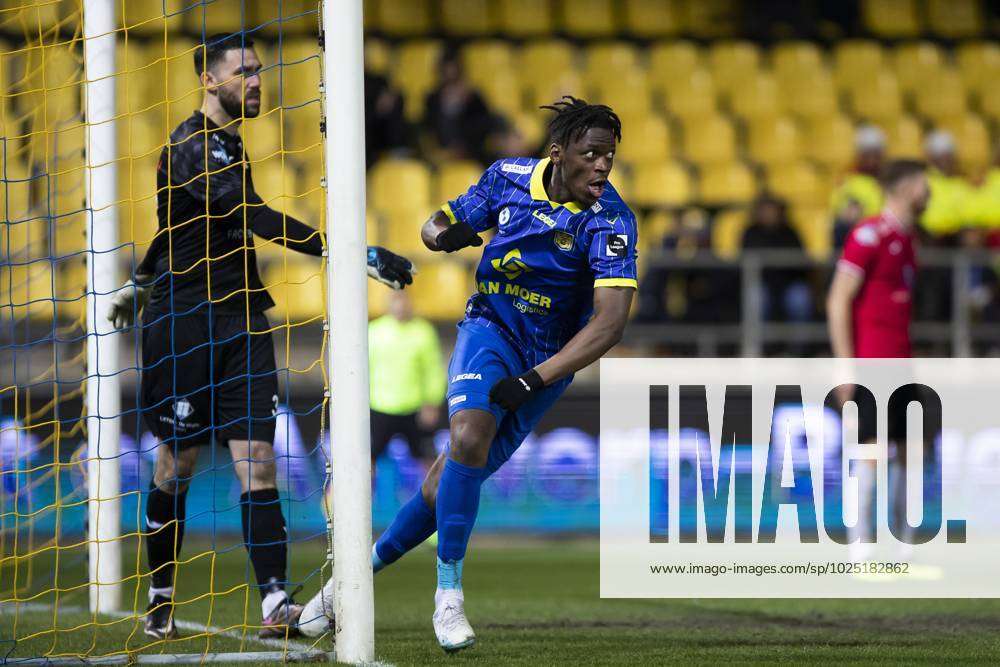 Beveren s Bruny Nsimba celebrates after scoring during a soccer match ...