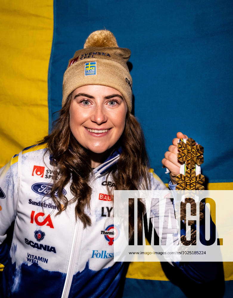 230304 Ebba Andersson of Sweden poses for a portrait with her two gold ...