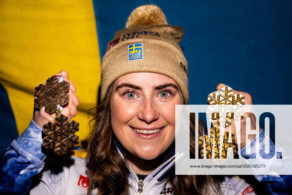 230304 Ebba Andersson of Sweden poses for a portrait with her two gold ...