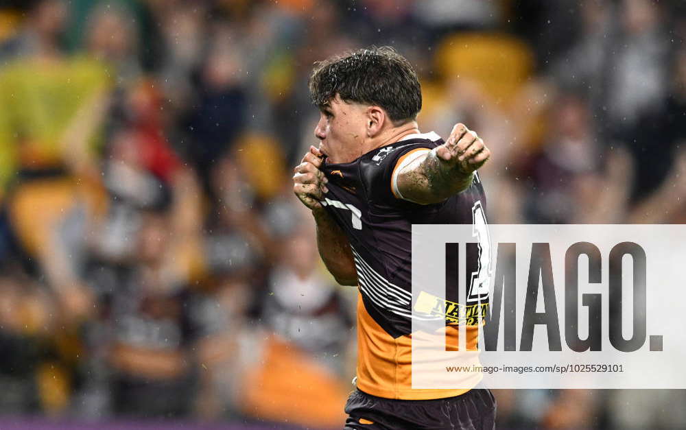 NRL BRONCOS COWBOYS, Reece Walsh of the Broncos celebrates scoring a ...