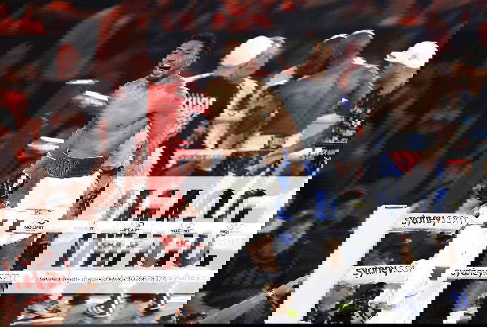 BOXING TSZYU HARRISON, Paulo Aokuso of Australia celebrates after defeating Yunieski Gonzalez of Cub BOXING TSZYU HARRISON, Paulo Aokuso of Australia celebrates after defeating Yunieski Gonzalez of Cub