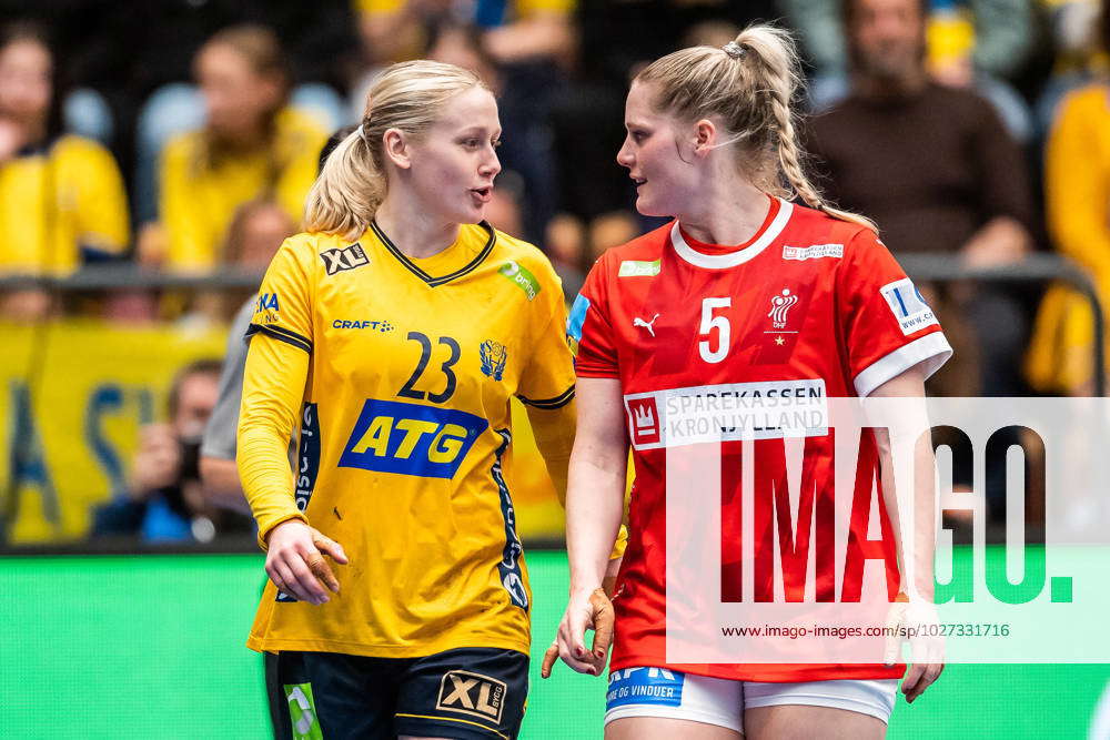 230405 Emma Lindqvist of Sweden and Sarah Iversen of Denmark during the  international handball