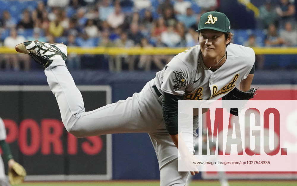 Shintaro Fujinami of the Oakland Athletics pitches in a baseball game  against the Tampa Bay Rays at Tropicana Field in St. Petersburg, Florida,  on April 8, 2023. (Kyodo)==Kyodo Photo via Credit: Newscom/Alamy