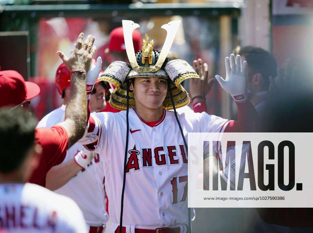 Baseball: Blue Jays vs. Angels Shohei Ohtani of the Los Angeles Angels puts  on a samurai