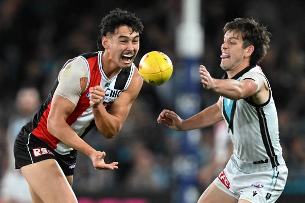 Afl Saints Power Mitch Owens Of St Kilda Left Reacts After Kicking A Goal During The Afl Round 7444