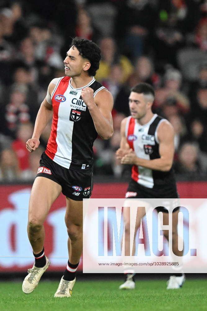 Afl Saints Power Mitch Owens Of St Kilda Left Reacts After Kicking A Goal During The Afl Round 0718