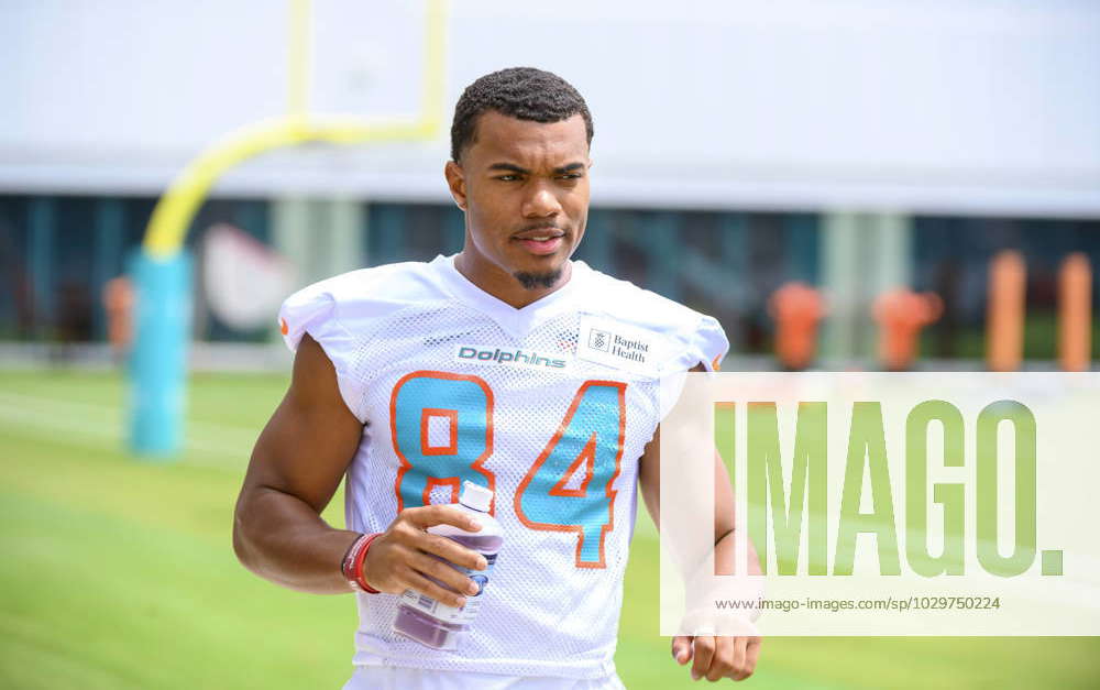 Miami Dolphins tight end Elijah Higgins prepares to speak to the