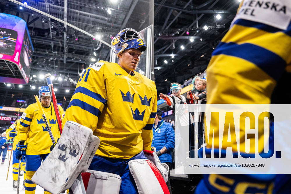 230523 Goaltender Lars Johansson of Sweden looks dejected after