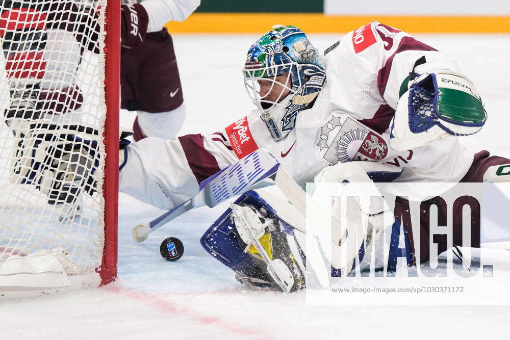 230527 Goaltender Arturs Silovs of Latvia makes a save during the