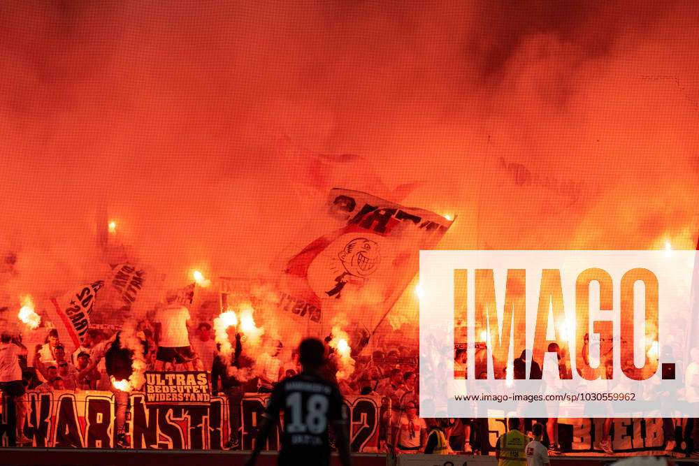 Bengalos, pyrotechnics, smoke rises in VfB fan block Germany, Stuttgart, 01  06 2023, football