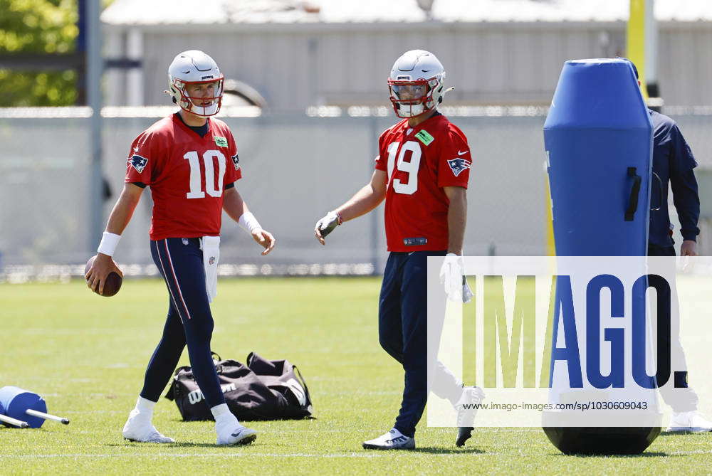 FOXBOROUGH, MA - MAY 31: New England Patriots quarterbacks Mac Jones (10)  and Trace McSorley