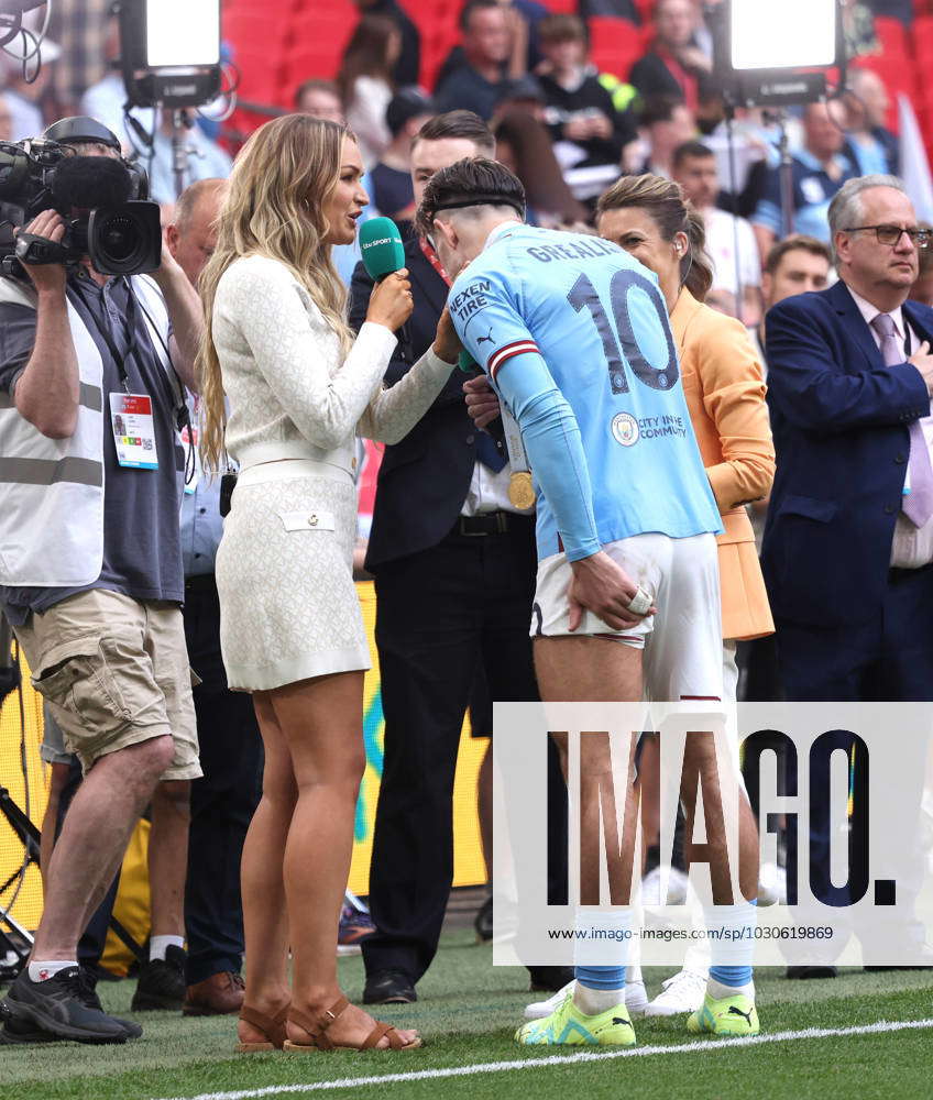 ITV presenter Laura Woods speaks to Jack Grealish (MC) at the Emirates FA  Cup Final Manchester