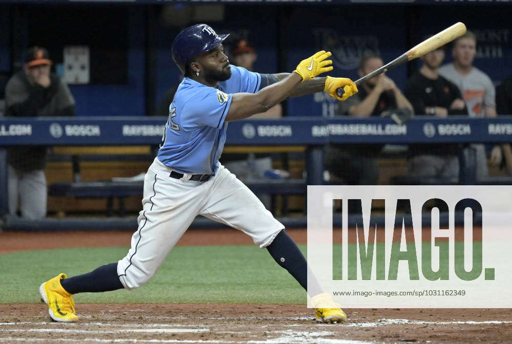 Tampa Bay Rays left fielder Randy Arozarena (56) hits a RBI single off ...