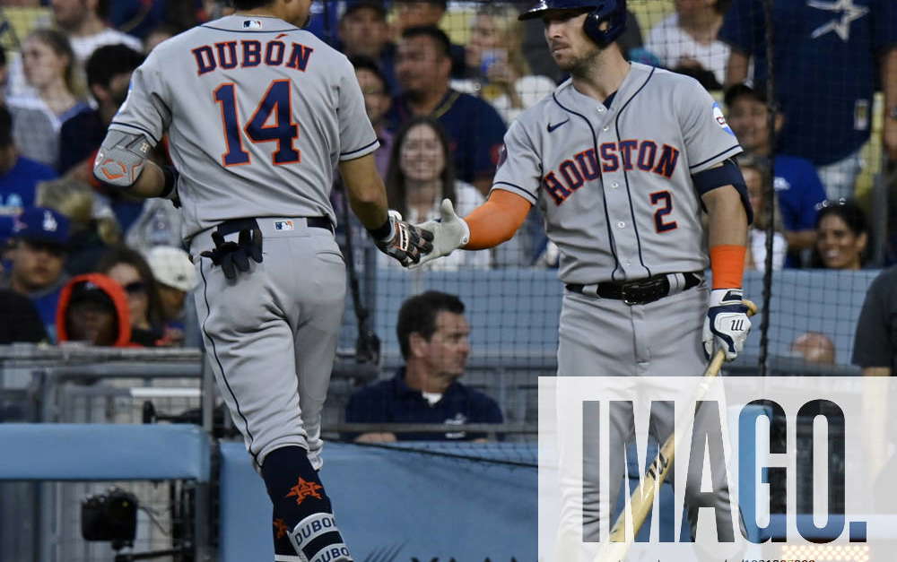 Los Angeles, United States. 23rd June, 2023. Houston Astros Mauricio Dubon  is greeted by Alex Bragman (2) after hitting a solo home run off Los  Angeles Dodgers starting pitcher Emmet Sheehan during