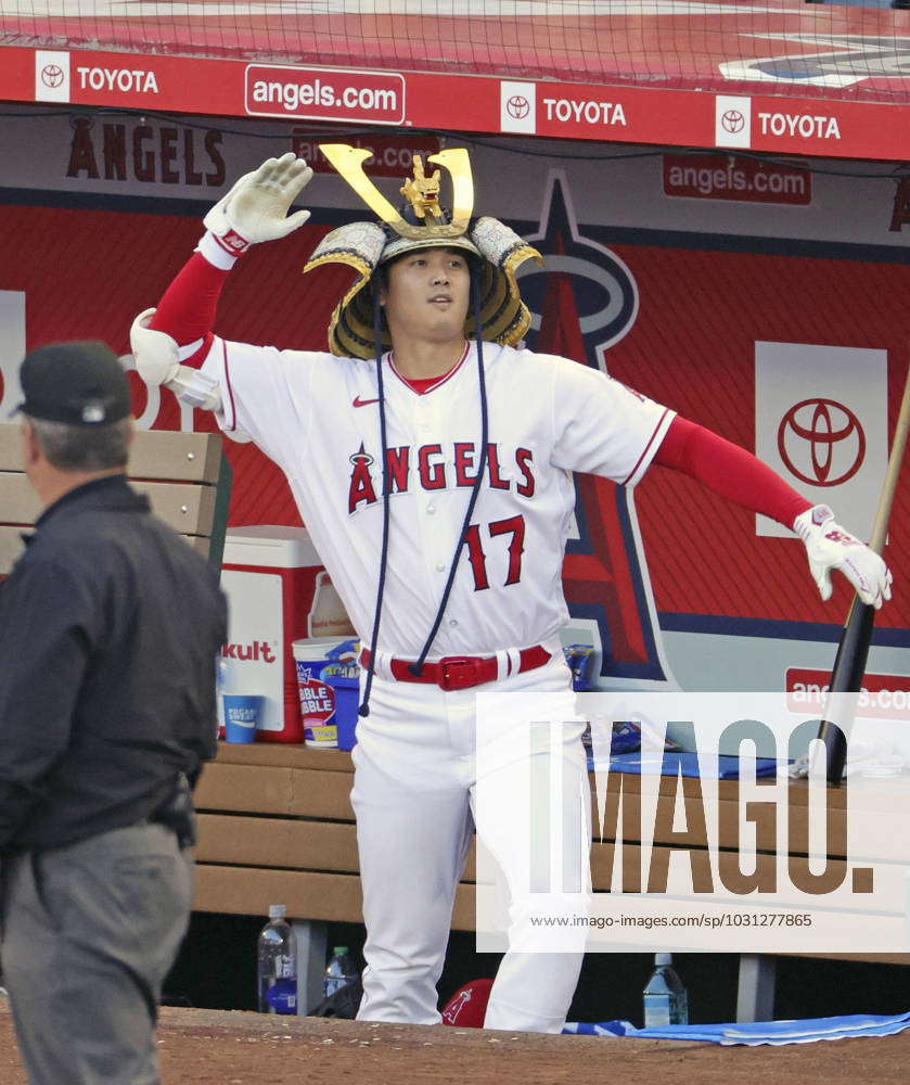 Shohei Ohtani of the Los Angeles Angels, wearing a samurai warrior