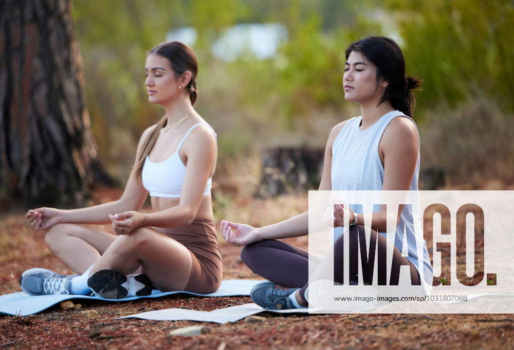 Yoga, outdoor meditation and women exercise in nature for fitness