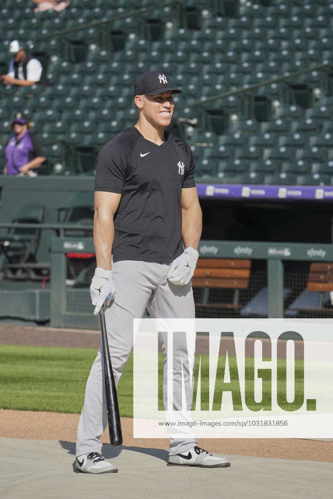 July 15 2023: New York right fielder Aaron Judge (99) takes batting practice  before the game with New York Yankees and Colorado Rockies held at Coors  Field in Denver Co. David Seelig/Cal