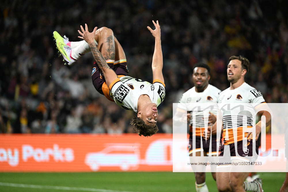 NRL RABBITOHS BRONCOS, Reece Walsh of the Broncos does a backflip to ...