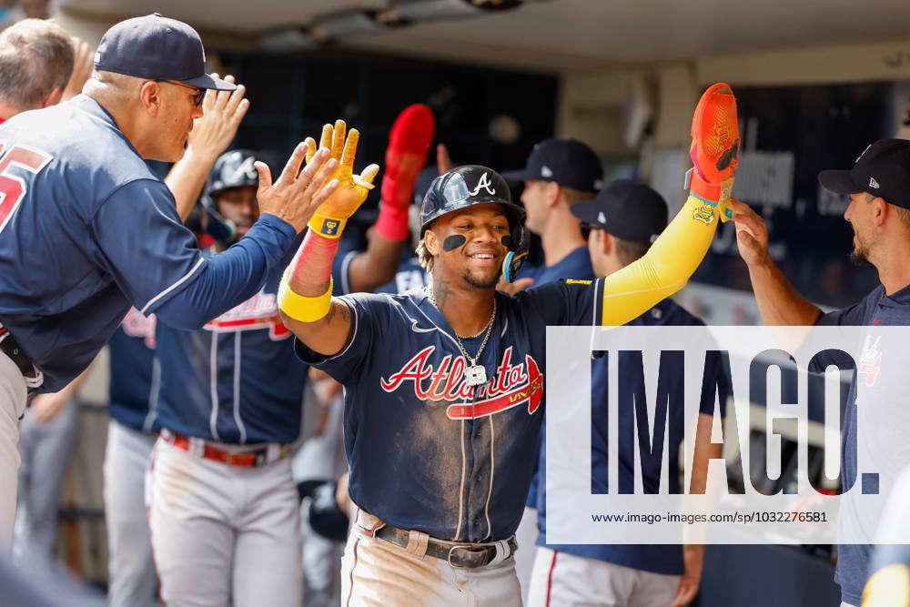 July 23, 2023: Atlanta Braves right fielder Ronald Acuna Jr. (13)  celebrates in the dugout after scoring during the game between the  Milwaukee Brewers and the Atlanta Braves at American Family Field