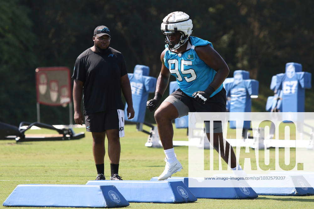 Carolina Panthers defensive tackle Derrick Brown (95) looks on between  plays during the second half of