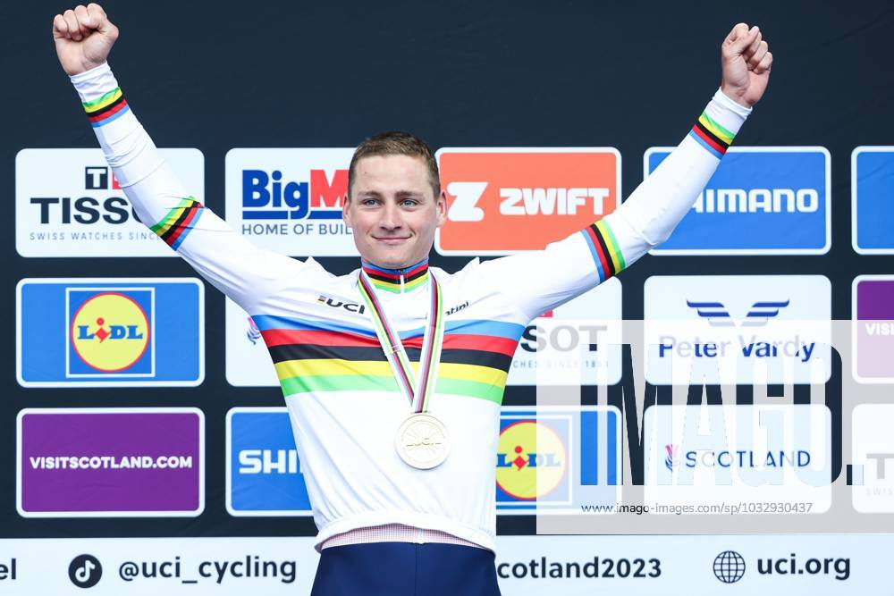 Dutch Mathieu van der Poel celebrates on the podium after winning the ...