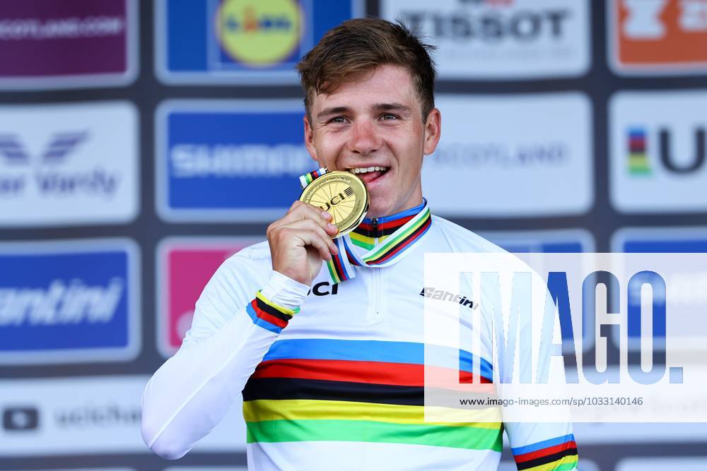 Belgian Remco Evenepoel celebrates on the podium with his gold medal ...