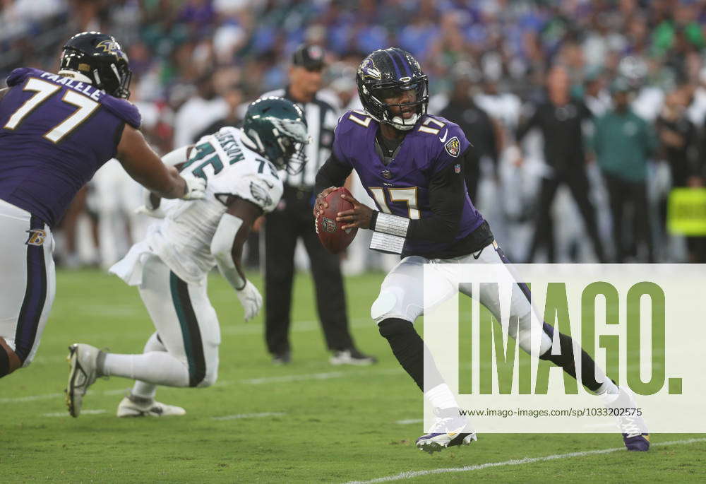 Baltimore Ravens quarterback Josh Johnson (17) in action during the first  half of an NFL preseason football game against the Philadelphia Eagles,  Saturday, Aug. 12, 2023, in Baltimore. (AP Photo/Nick Wass Stock