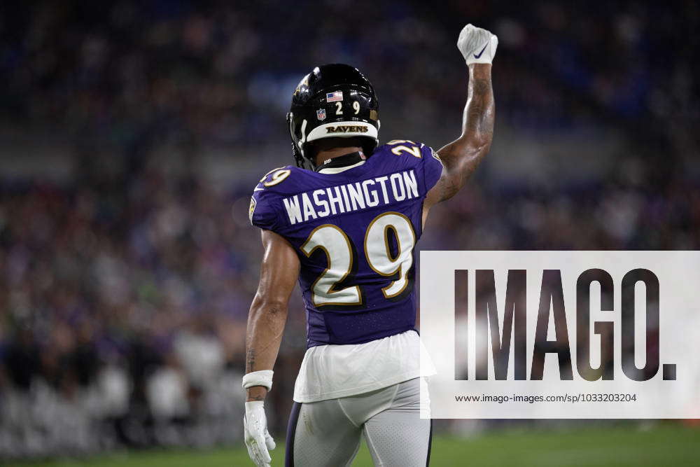 Baltimore Ravens safety Ar'Darius Washington (29) walks off the