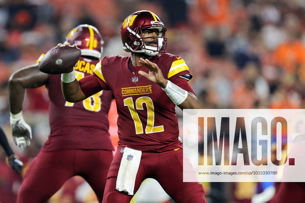 CLEVELAND, OH - AUGUST 11: Washington Commanders quarterback Jacoby  Brissett (12) throws a pass duri