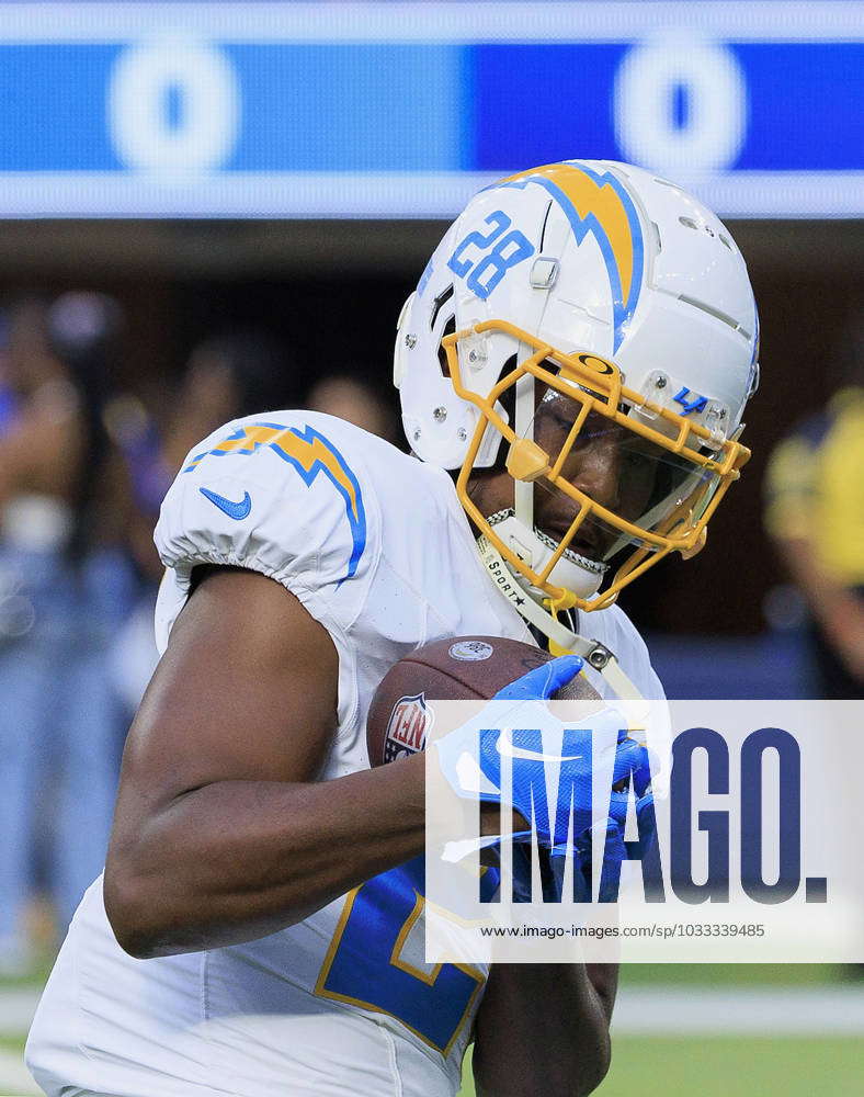 INGLEWOOD, CA - OCTOBER 23: Los Angeles Chargers running back Isaiah Spiller  (28) during the