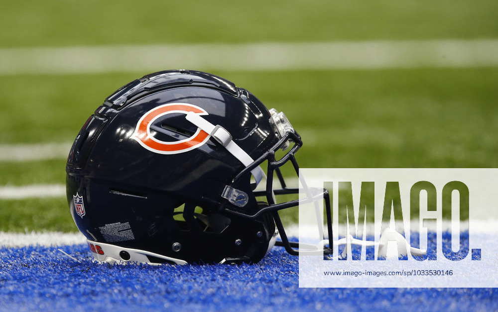 INDIANAPOLIS, IN - AUGUST 19: A Chicago Bears helmet sits on the turf prior  to the start of a presea