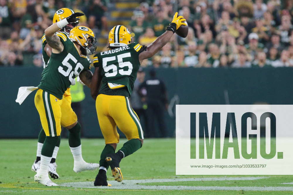 GREEN BAY, WI - AUGUST 19: Green Bay Packers linebacker Kingsley Enagbare ( 55) celebrates a fumble r