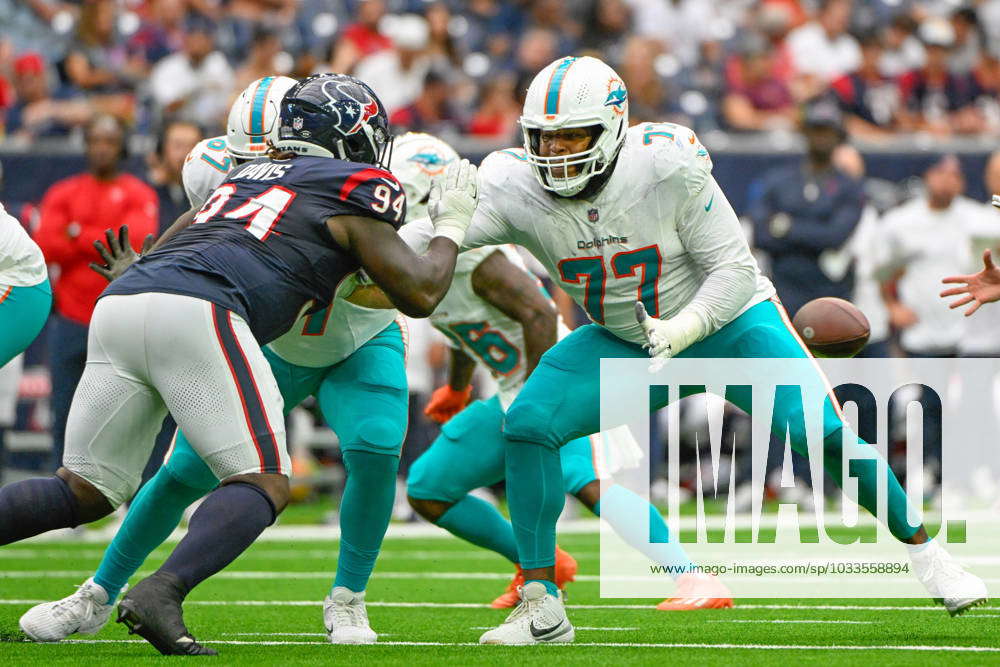 HOUSTON, TX - AUGUST 19: Miami Dolphins offensive tackle Isaiah Wynn (77)  prepares to pass block