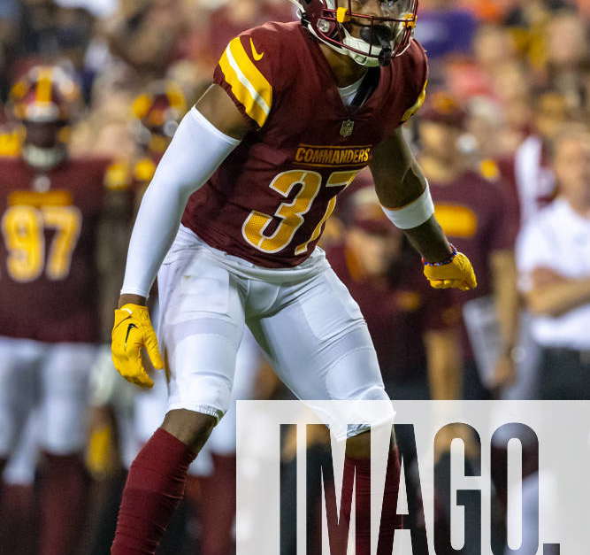 Landover, MD, USA - August 21, 2023 : Washington Commanders cornerback  Rachad Wildgoose (37) lines up during the preseason game between Baltimore  Ravens and the Washington Commanders in Landover, MD. Photographer: Cory