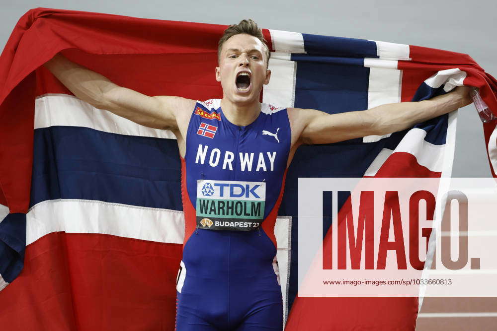 Karsten Warholm of Norway celebrates his victory in the men 400m