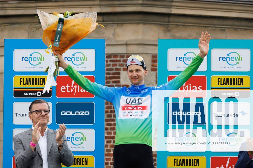 Belgian Tim Wellens Of Uae Team Emirates Celebrates On The Podium Of Stage Of The Renewi Cycling